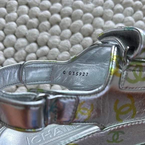 CHANEL Silver Sandals with Iconic CC Logo - Picture 3 of 4
